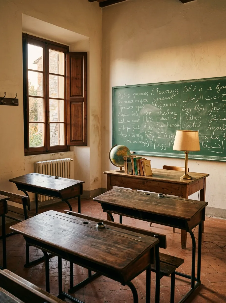 Sala de aula com carteiras de madeira e um quadro com seis alfabetos