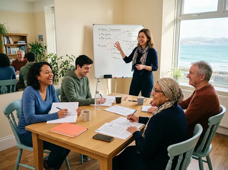 Aula em grupo pequeno na CLA com a professora ao quadro